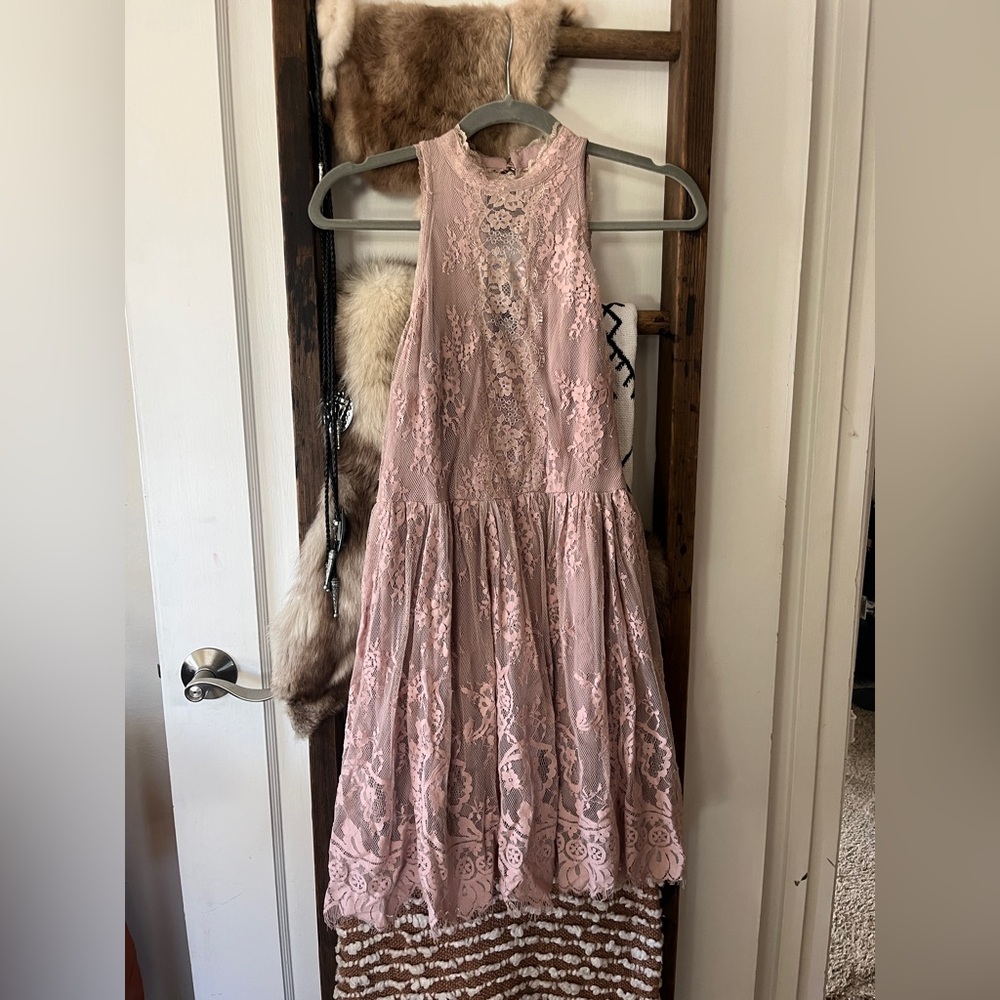 Free People Lace Mini Dress XS Lavender Beige Cottagecore Boho